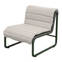 Beige padded chair with a textured design and dark green metal frame. Modern and minimalist aesthetic.