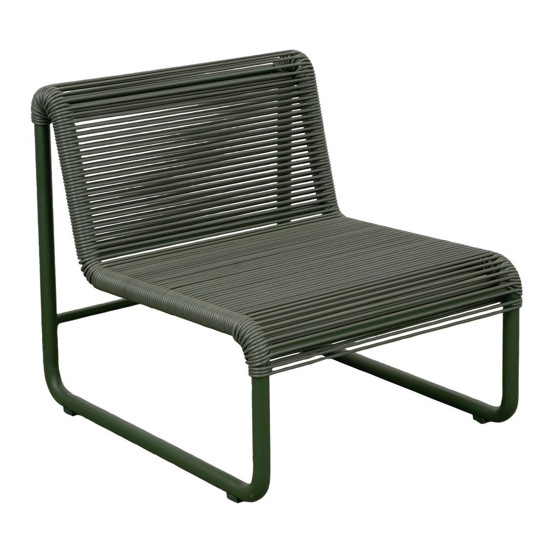 Green lounge chair with sleek, horizontal stripe pattern and minimalist metal frame design. Perfect for modern decor.