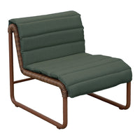 Green padded chair with a smooth, ribbed pattern and a contrasting brown metal frame. Ideal for modern decor.