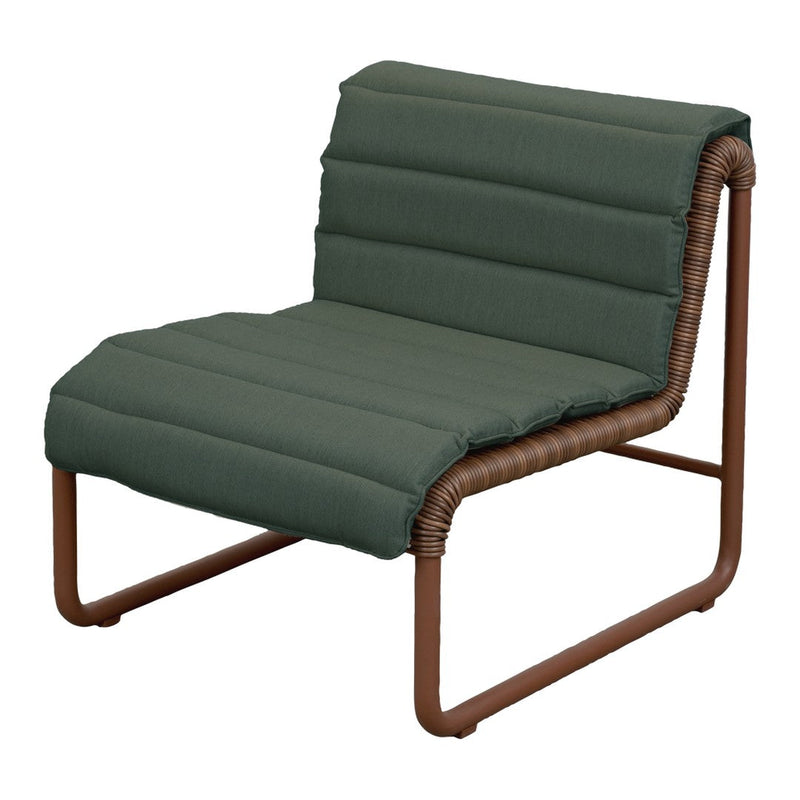 Green cushioned lounge chair with a textured fabric and a brown metal frame, perfect for outdoor relaxation.