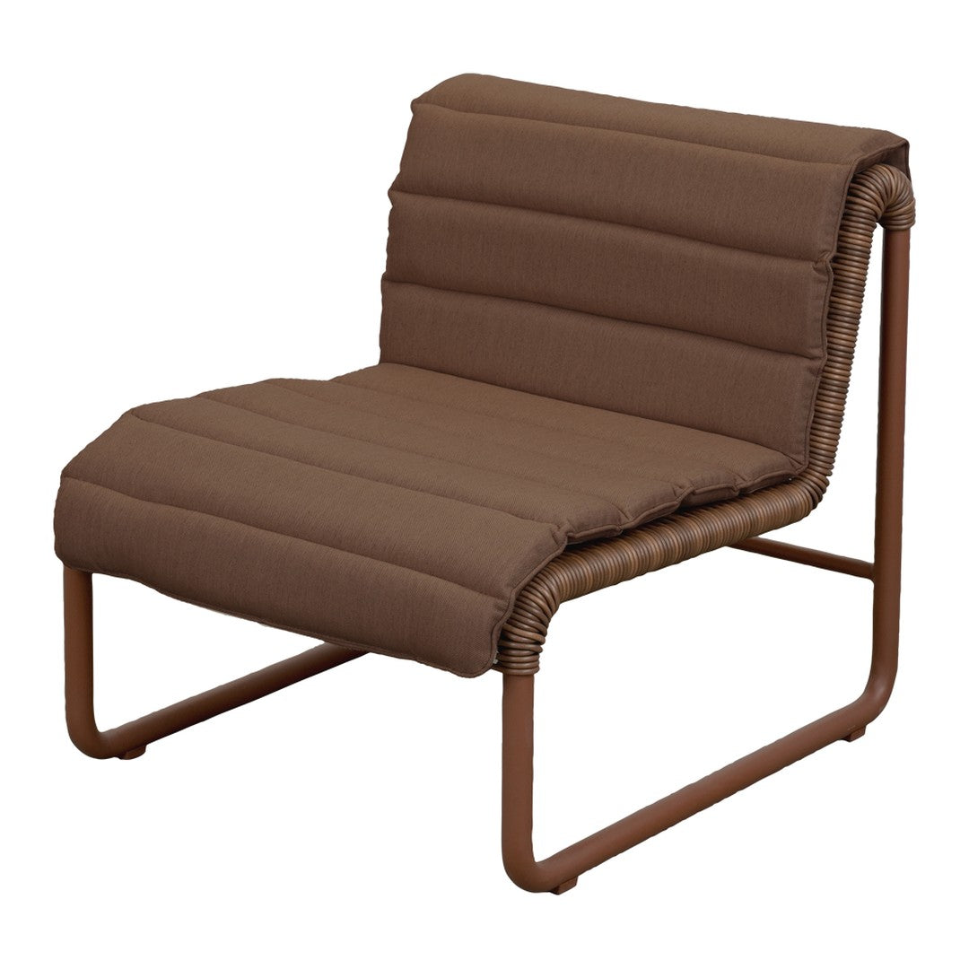 Brown padded chair with a sleek striped pattern and a sturdy brown metal frame. Perfect for modern interiors.