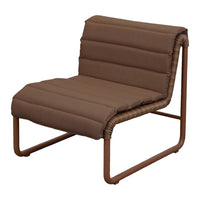 Brown padded chair with a sleek striped pattern and a sturdy brown metal frame. Perfect for modern interiors.