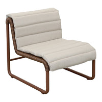 Beige padded seat with subtle vertical stripes, complemented by a sleek brown metal frame. Perfect for modern décor.