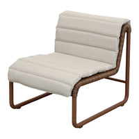 Neutral beige upholstered chair with ribbed pattern and a chic brown metal frame. Perfect for modern decor.