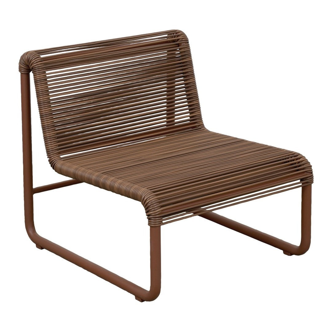 "Brown ribbed lounge chair with a sleek metal frame, featuring a contemporary minimalist design."