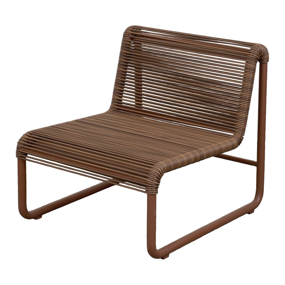 Brown striped lounge chair with a minimalistic design and sleek metal frame. Perfect for modern outdoor settings.
