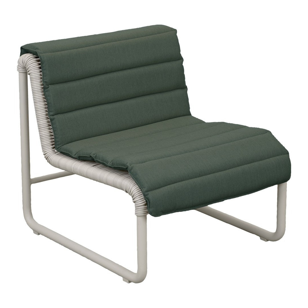 Green padded chair with a modern design and white metal frame, featuring a sleek, minimalist style.