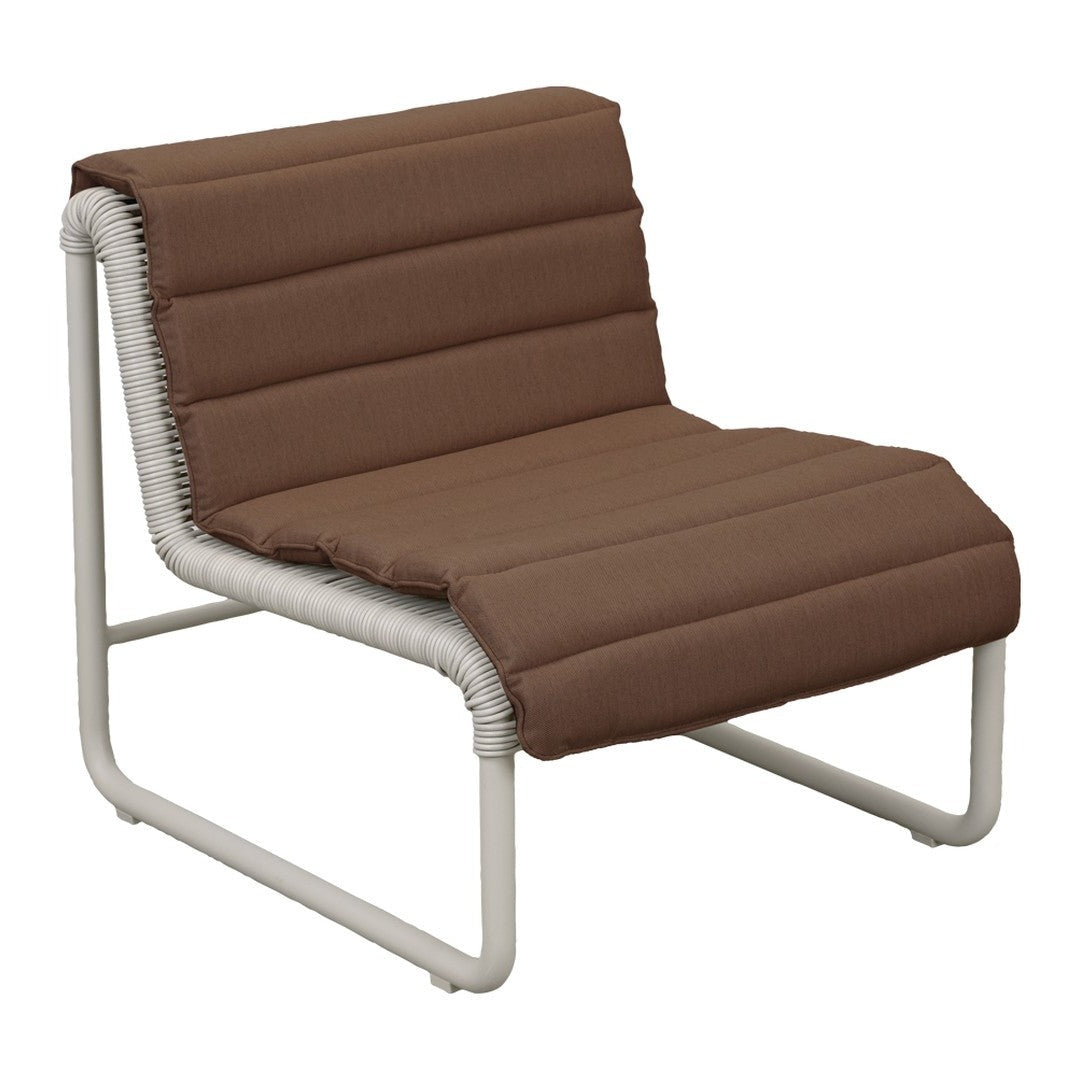 Brown upholstered chair with a subtle ribbed pattern, featuring a white metal frame for contrast and style.