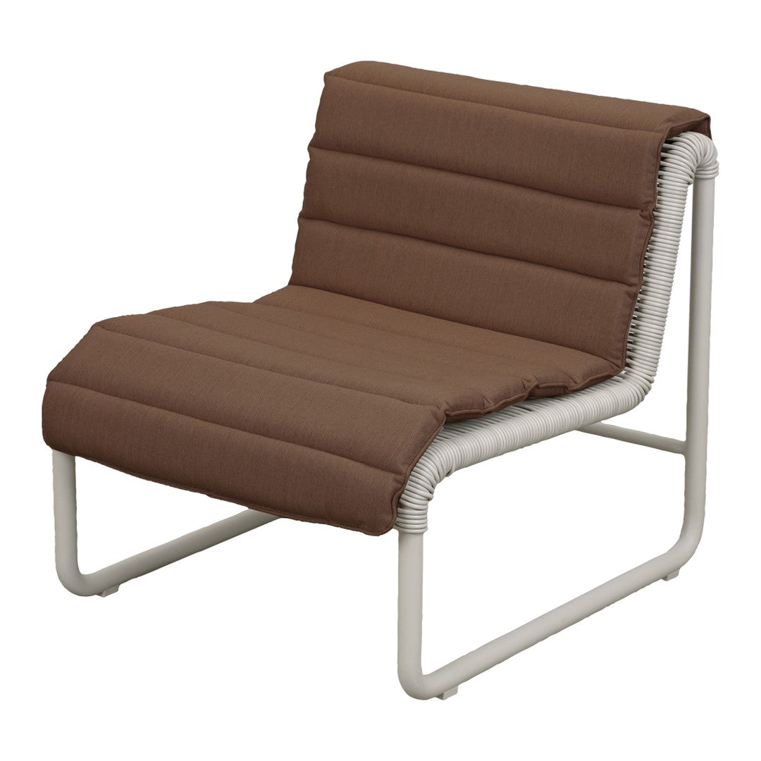 Brown cushioned chair with a textured pattern, contrasted by a sleek white frame. Perfect for modern decor.