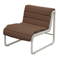 Brown cushioned chair with a textured pattern, contrasted by a sleek white frame. Perfect for modern decor.