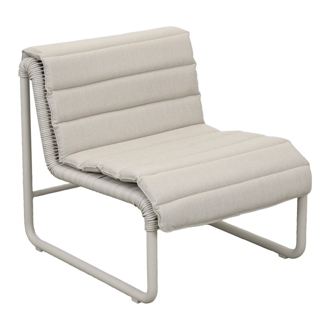 Light beige lounge chair with subtle horizontal tufting and a minimalist metal frame. Perfect for modern decor.
