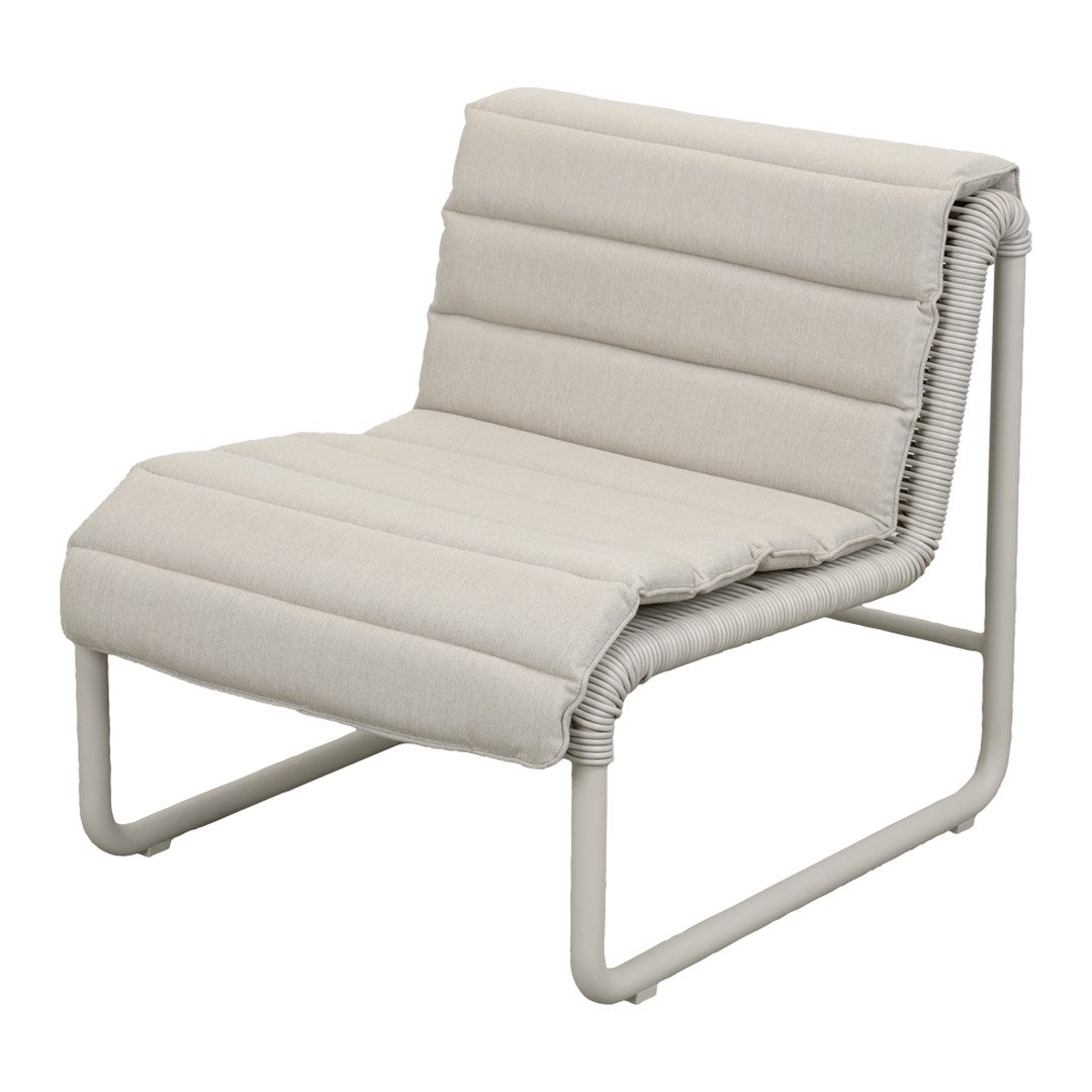 Light gray lounge chair with smooth, quilted upholstery and a minimalist metal frame. Perfect for modern decor.