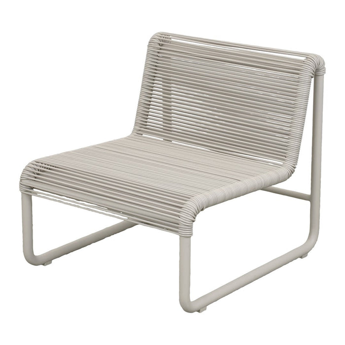 Light gray, minimalist lounge chair with a sleek linear pattern and tubular frame. Perfect for modern decor.