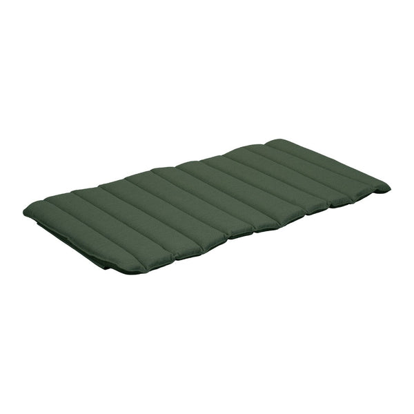 Green quilted mattress pad with horizontal stripes, designed for comfort and style. Ideal for outdoor seating.