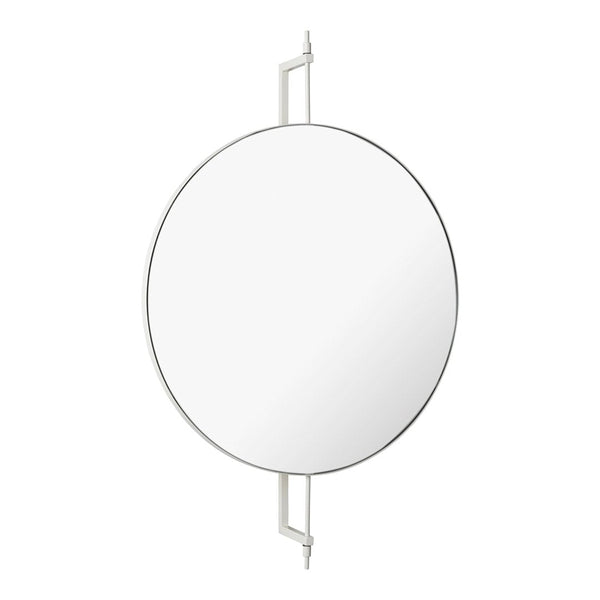 Round mirror with a sleek, minimalist design featuring a smooth white surface and polished silver accents.