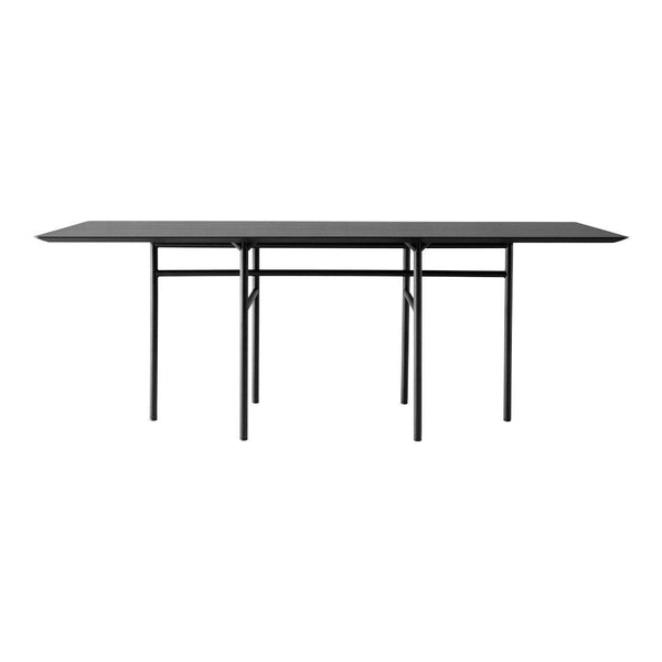 Sleek black rectangular dining table with a minimalist design and smooth surface, ideal for modern interiors.