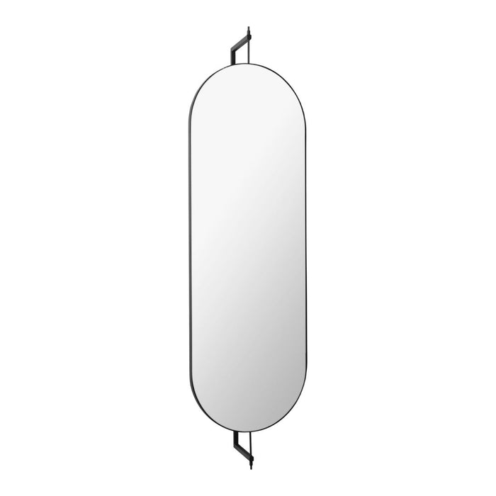 Sleek oval mirror with a minimalistic black frame, featuring a smooth, reflective surface. Ideal for modern decor.