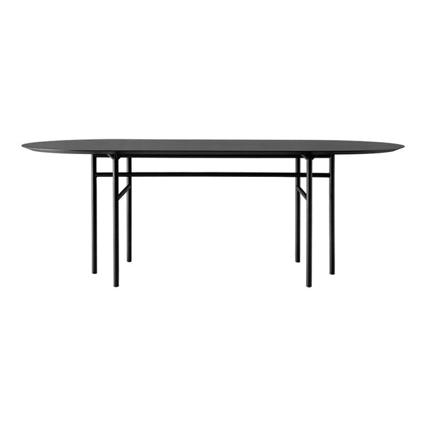 Sleek black oval dining table with minimalist black metal legs, offering a modern and stylish design.