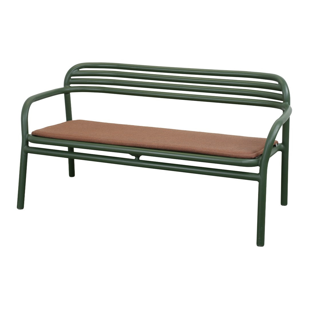 Green metal bench with a simple striped design and a brown cushioned seat. Ideal for outdoor use.