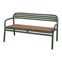 Green metal bench with a simple striped design and a brown cushioned seat. Ideal for outdoor use.