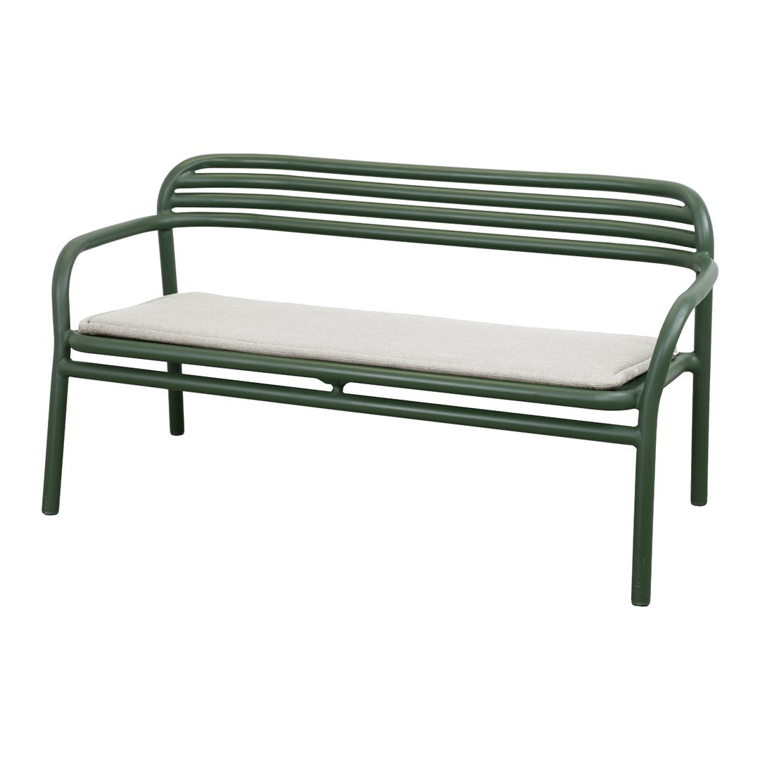 Green metal bench with horizontal slat design and a light beige cushion for comfort.