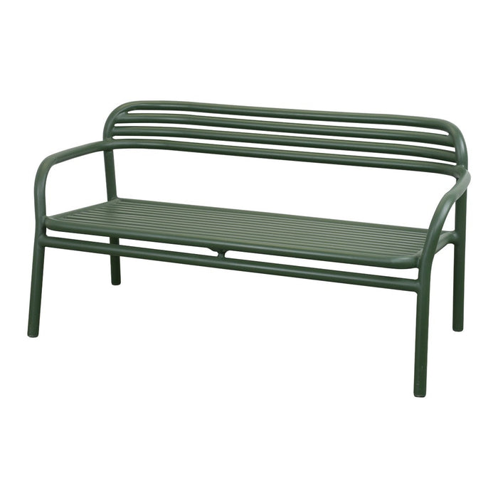 Green metal outdoor bench with sleek, horizontal slat design and minimalistic curves. Perfect for patio styling.