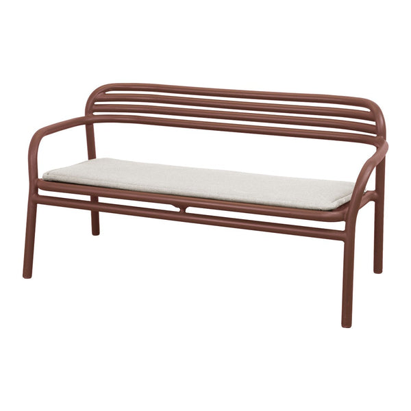 Brown metal bench with striped backrest and light beige cushion. Modern design for outdoor or indoor use.