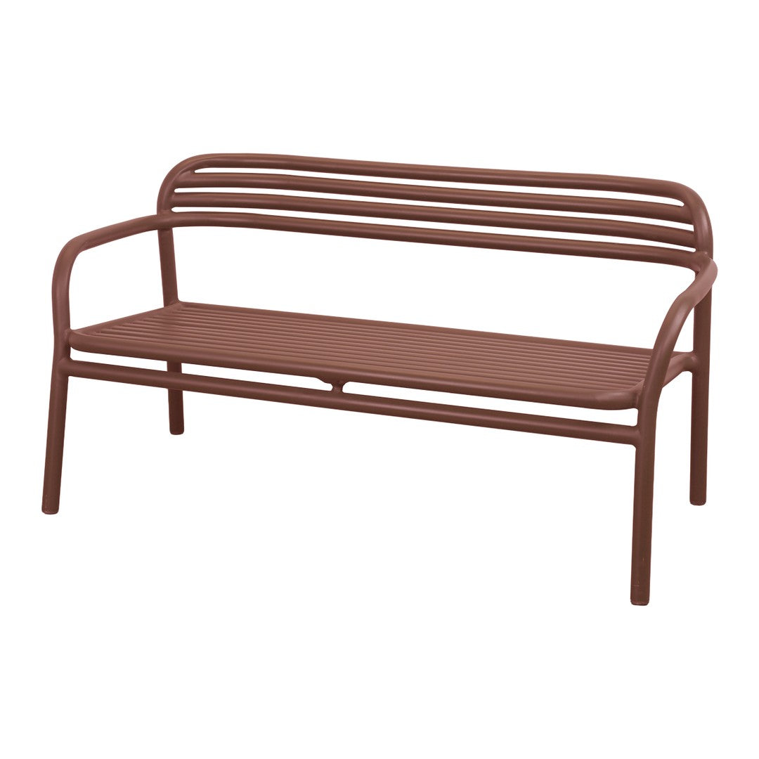 Brown metal bench with a smooth, slatted design and curved armrests for outdoor or indoor use.