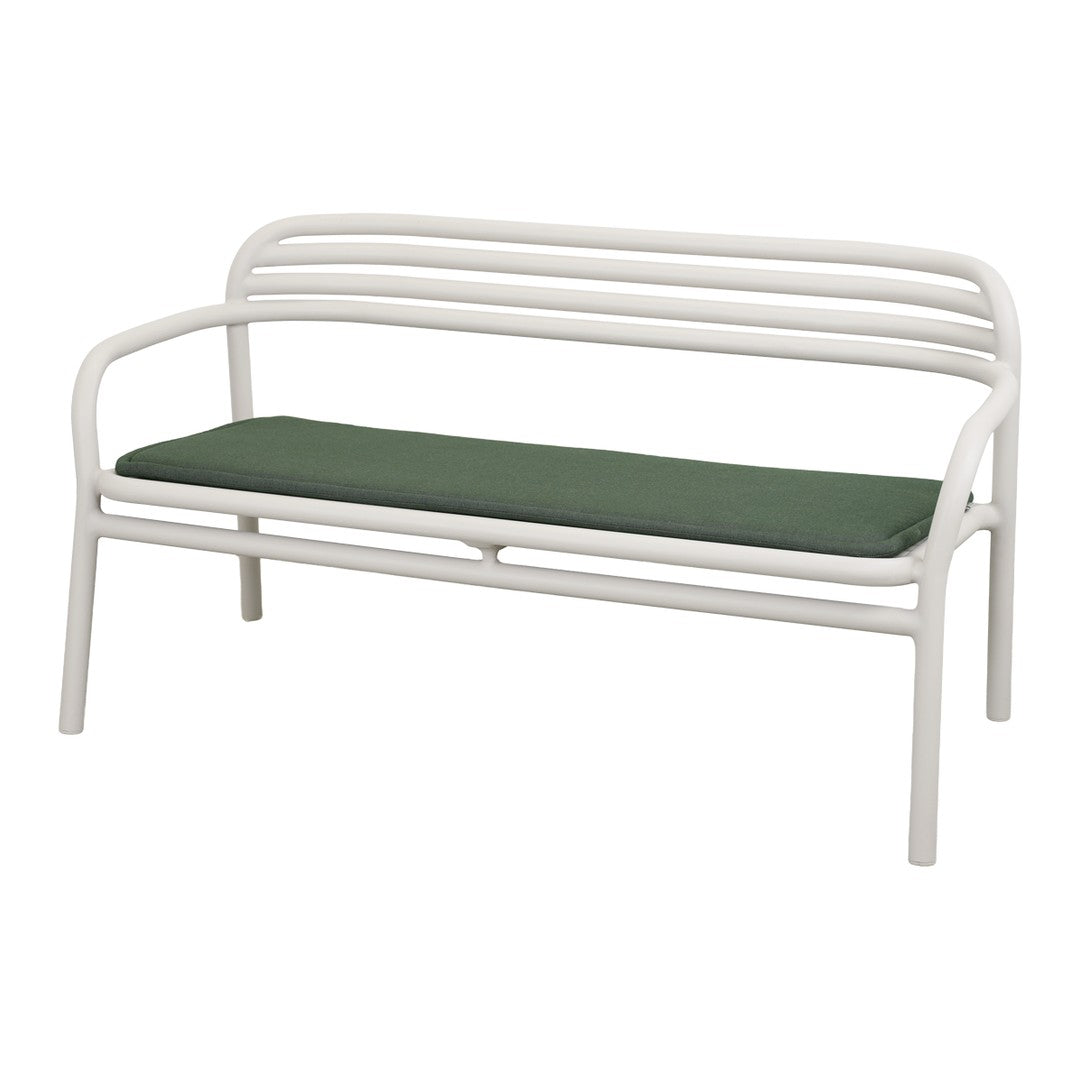 White metal bench with green cushion, featuring sleek lines and a minimalistic design. Ideal for outdoor or indoor use.
