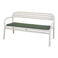White metal bench with green cushion, featuring sleek lines and a minimalistic design. Ideal for outdoor or indoor use.