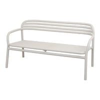 Stylish white metal bench with a minimalist design and horizontal slat pattern, perfect for indoor or outdoor spaces.