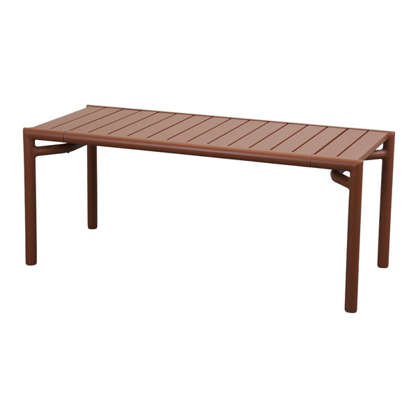 Rust-colored rectangular table with slatted design and sturdy legs, perfect for modern outdoor spaces.