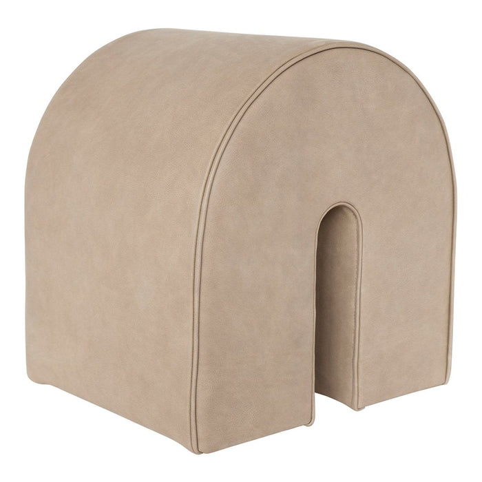 Beige faux leather arch-shaped stool with a smooth texture and minimalist design.