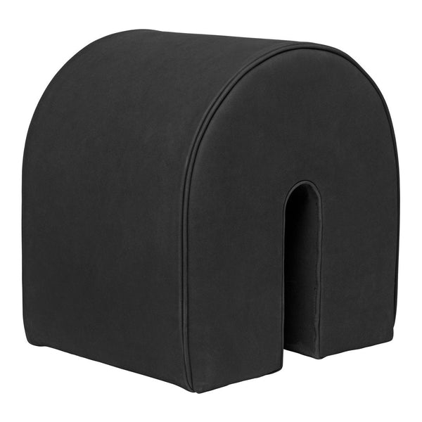 Black upholstered ottoman with a smooth, curved design and a unique arch-shaped cutout. Ideal for modern decor.