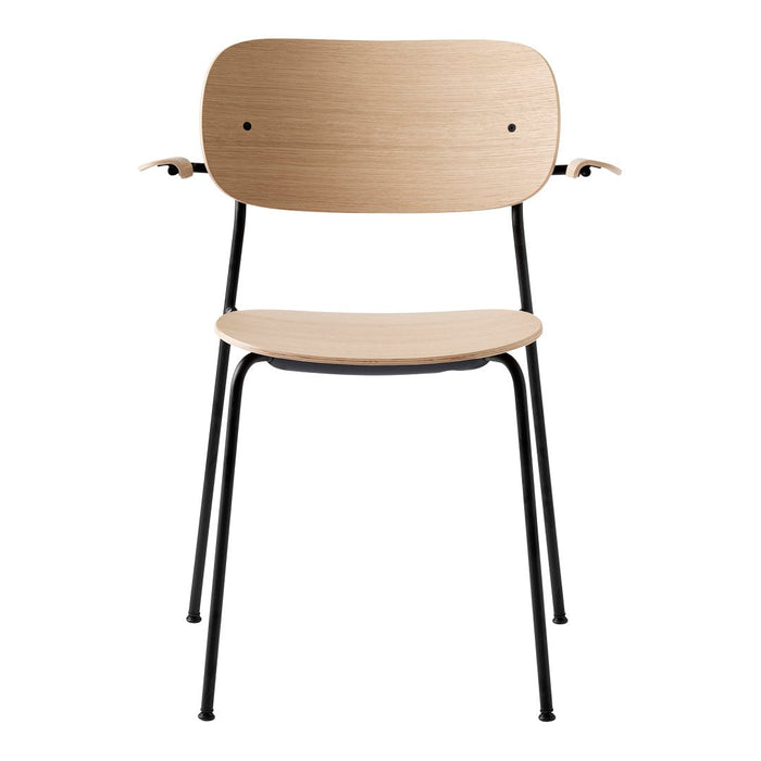 Light wood chair with a natural finish and sleek black metal legs, featuring a minimalist design.