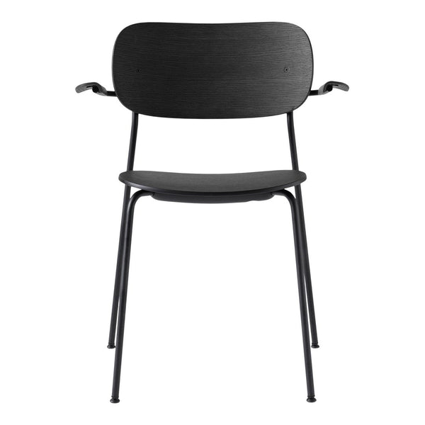 Black wooden chair with a minimalist design and smooth, sleek lines on a sturdy black metal frame.
