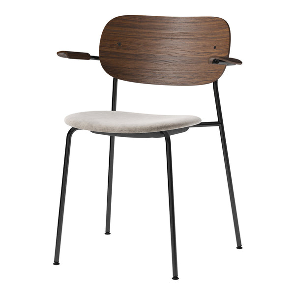 Wooden backrest in rich brown, soft light gray seat, and sleek black metal legs. Modern design with minimalist style.