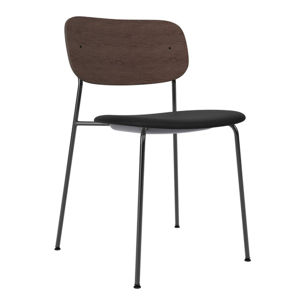 Modern chair featuring a dark wood backrest and a sleek black seat, complemented by sturdy black metal legs.