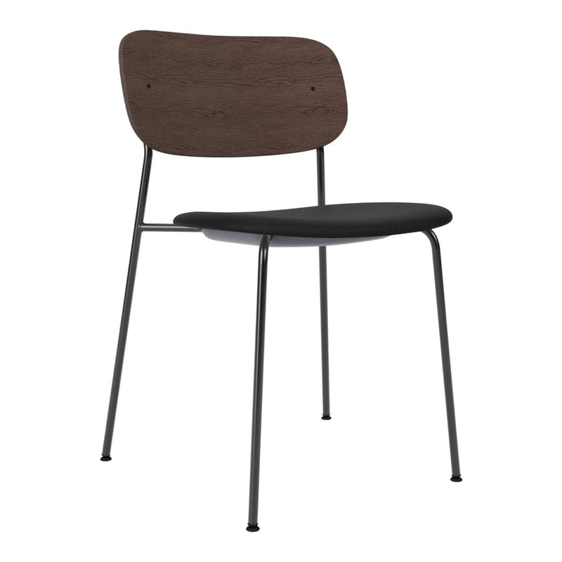 Modern chair featuring a dark wood backrest and a sleek black seat, complemented by sturdy black metal legs.