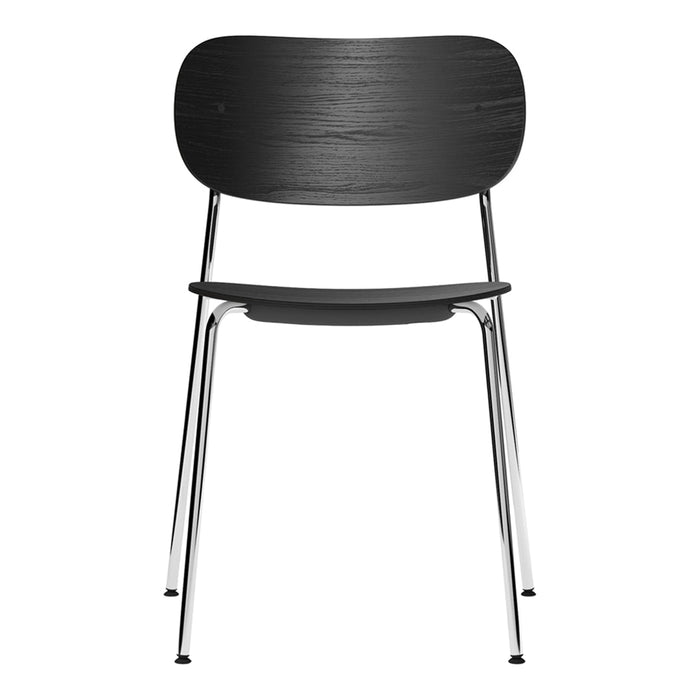 Black wooden chair with a sleek, minimalist design and chrome legs, showcasing a smooth, modern finish.