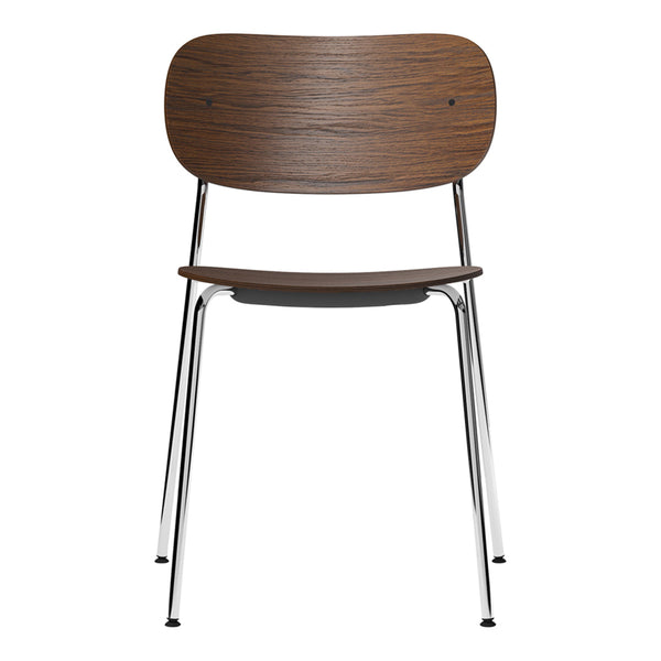 Brown wood-patterned chair with sleek chrome legs, featuring a minimalist design and smooth finish.