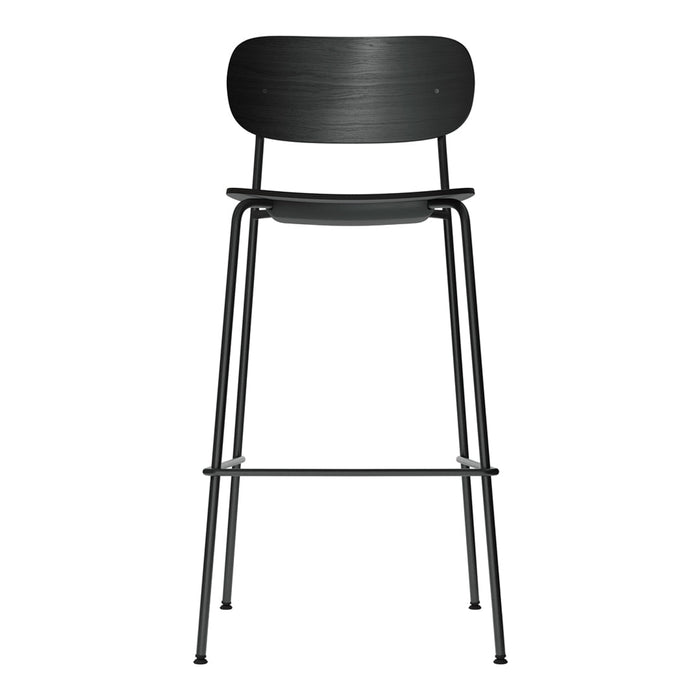 Black bar stool with a sleek, minimalist design and smooth, curved wood backrest. Perfect for modern interiors.