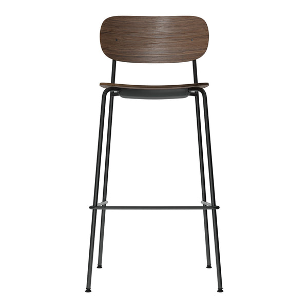 Brown wood bar stool with a sleek black metal frame and minimalistic design, perfect for modern decor.
