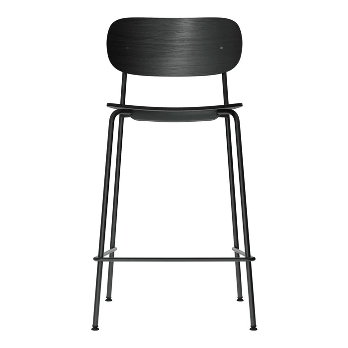 Black bar stool with a sleek, minimalist design and smooth wooden seat—perfect for modern decor.