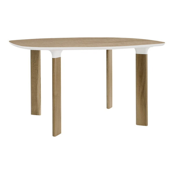 Light wood table with a natural finish and white accents, featuring clean lines and a modern rounded design.