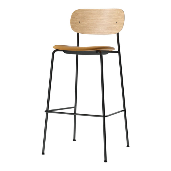 Natural wood and sleek black metal bar stool with a minimalist design, ideal for modern spaces.