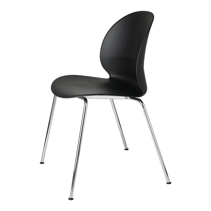 Modern black chair with a smooth, curved design and chrome legs, perfect for minimalist decor.