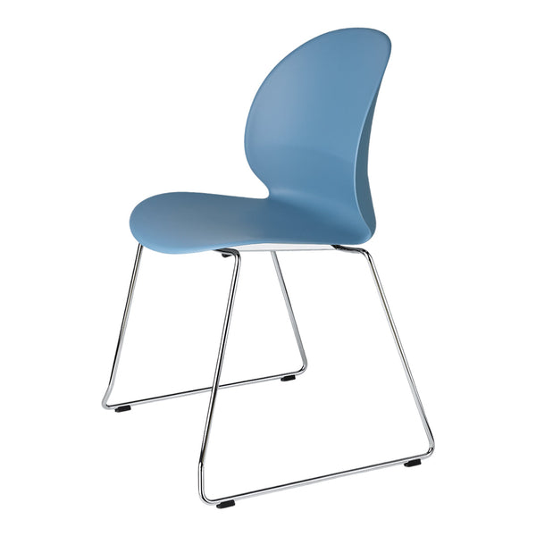 Sleek blue chair with a smooth, curved seat and a minimalist chrome frame, perfect for modern spaces.