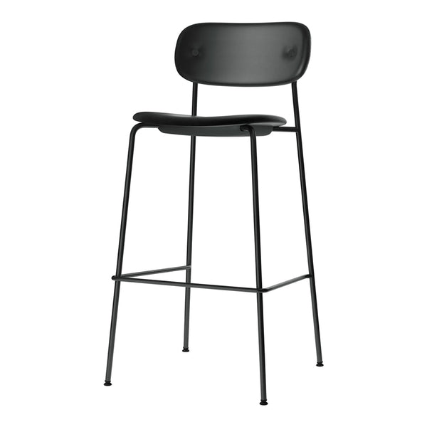 Sleek black bar stool with a minimalist design, featuring smooth curves and a solid metal frame.