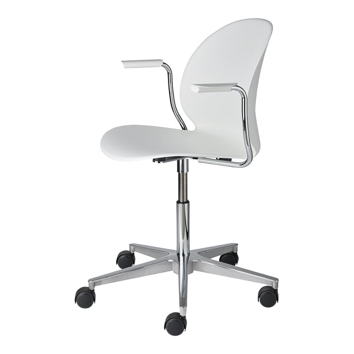 Stylish white office chair with smooth curvy design and chrome accents, featuring a sleek, modern aesthetic.